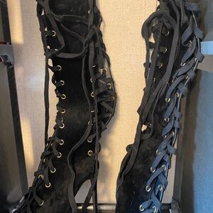Lace up knee high heel boots